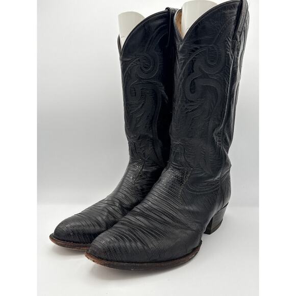Men’s Tony Lama Black Kirkland Leather Lizard Skin Boots Sz 9 EE